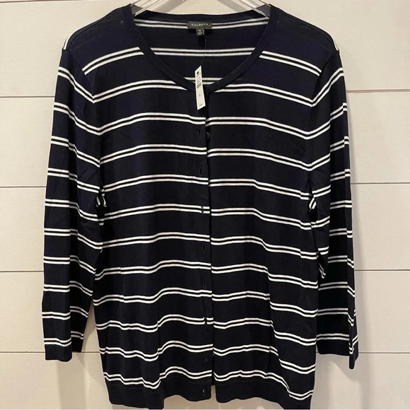 Talbots Navy & White Striped Lightweight Cardigan Sweater Womens Size XL NWT - Picture 1 of 7